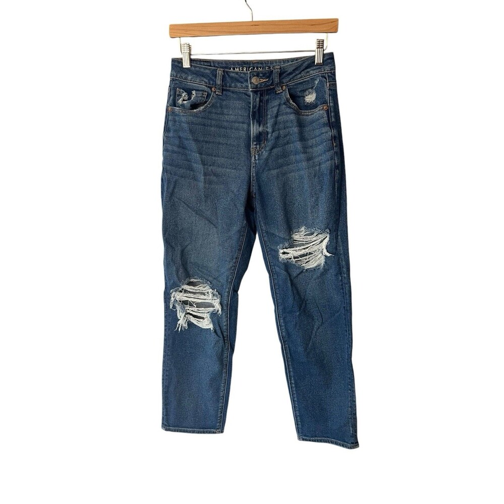 American Eagle Womens 4 Mom Straight Jean Ripped Distressed Stretch Med Wash